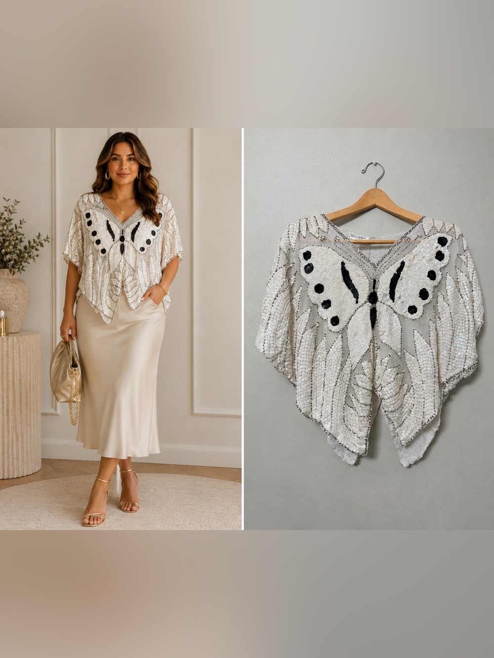 Vintage 1970s Shomax Sequin Butterfly Top Silk Beaded White One Size OS